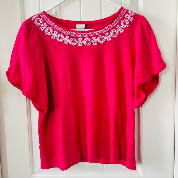 Chico’s Flutter Sleeve Top Sz 2 US Large Pink Blouse 100% Linen Embroidered Neck - Picture 2 of 9